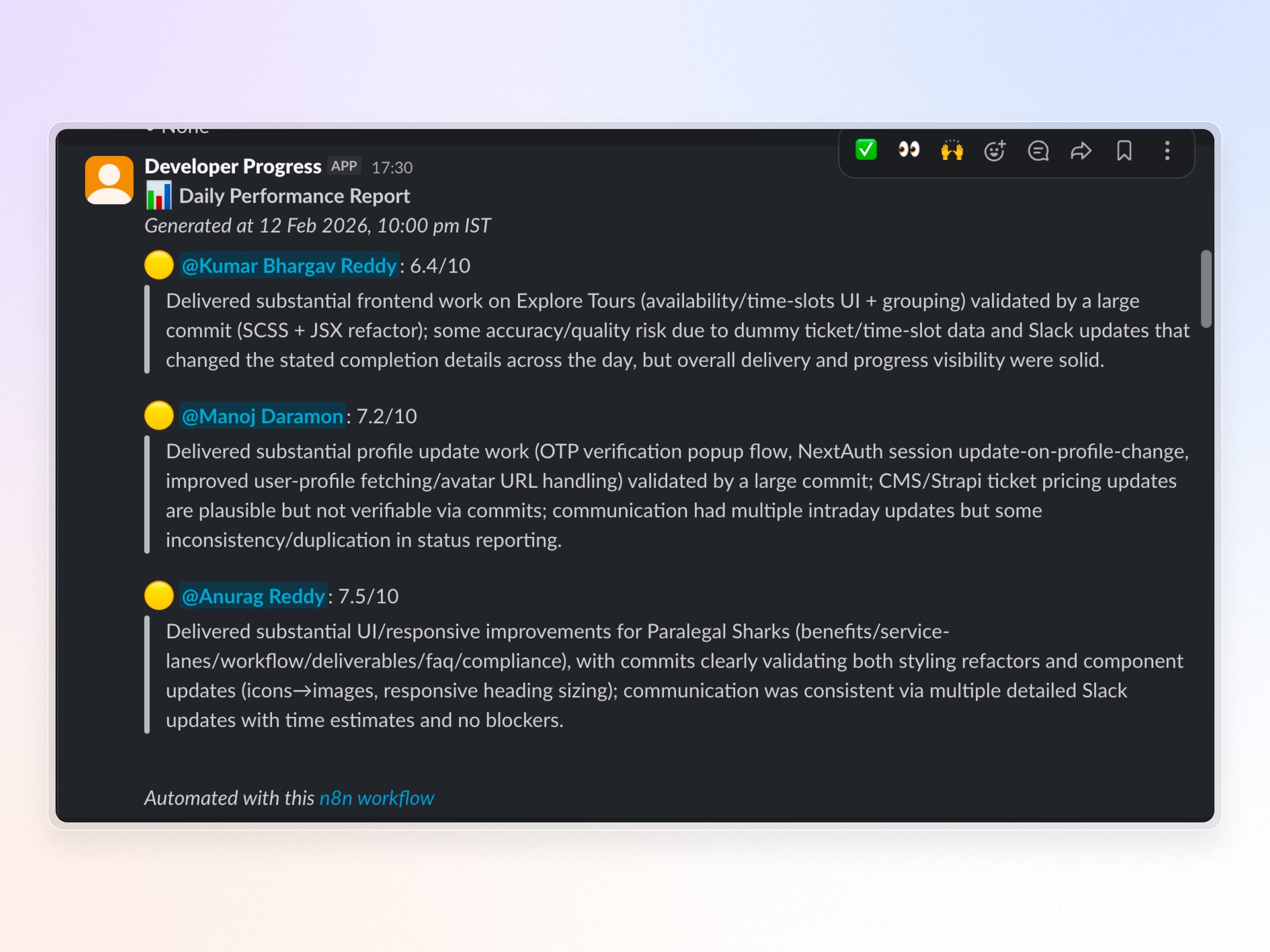 Slack message showing automated daily developer performance report with AI-generated scoring and reasoning.
