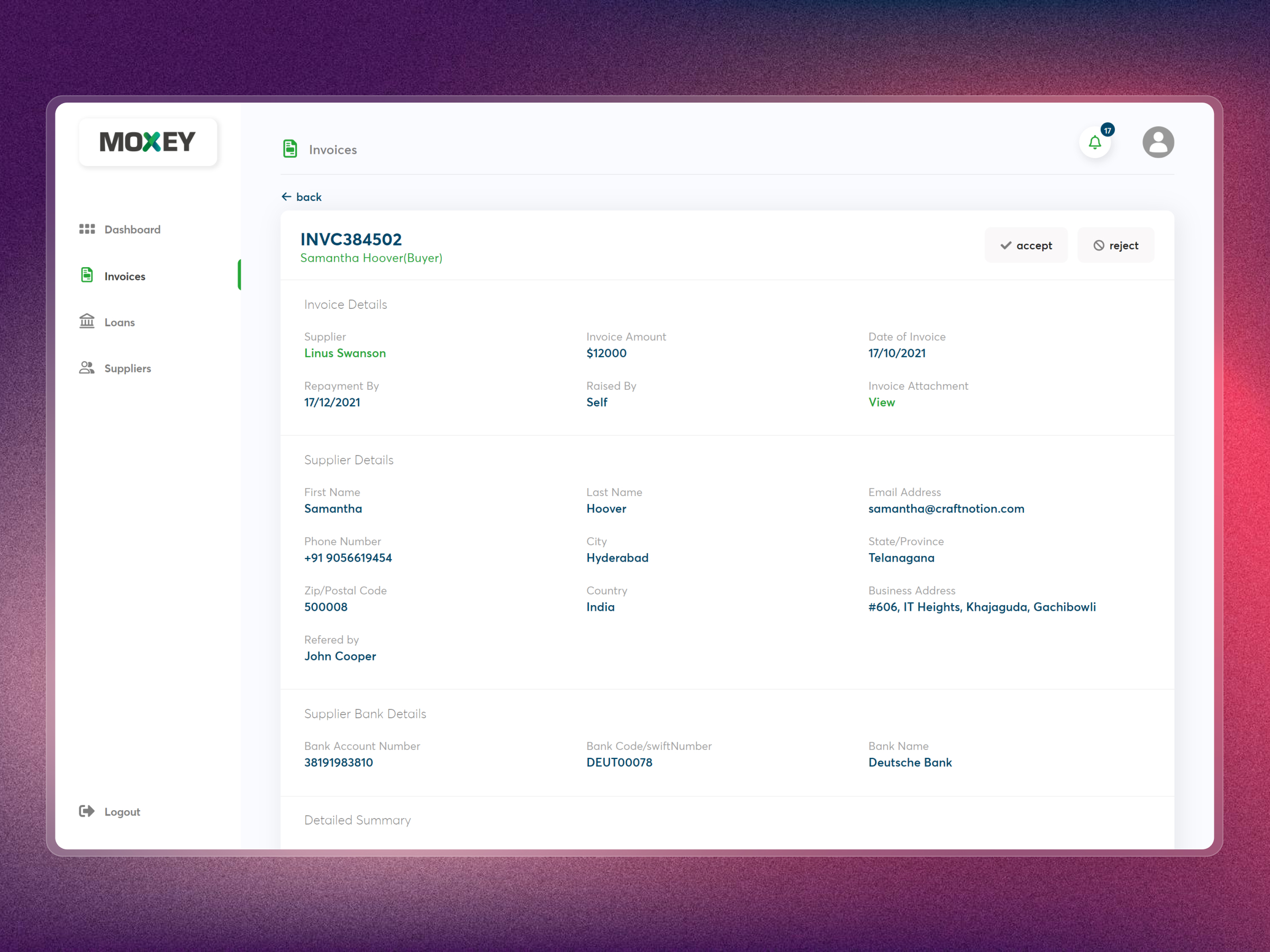 Moxey Invoice Discounting Platform | Craftnotion