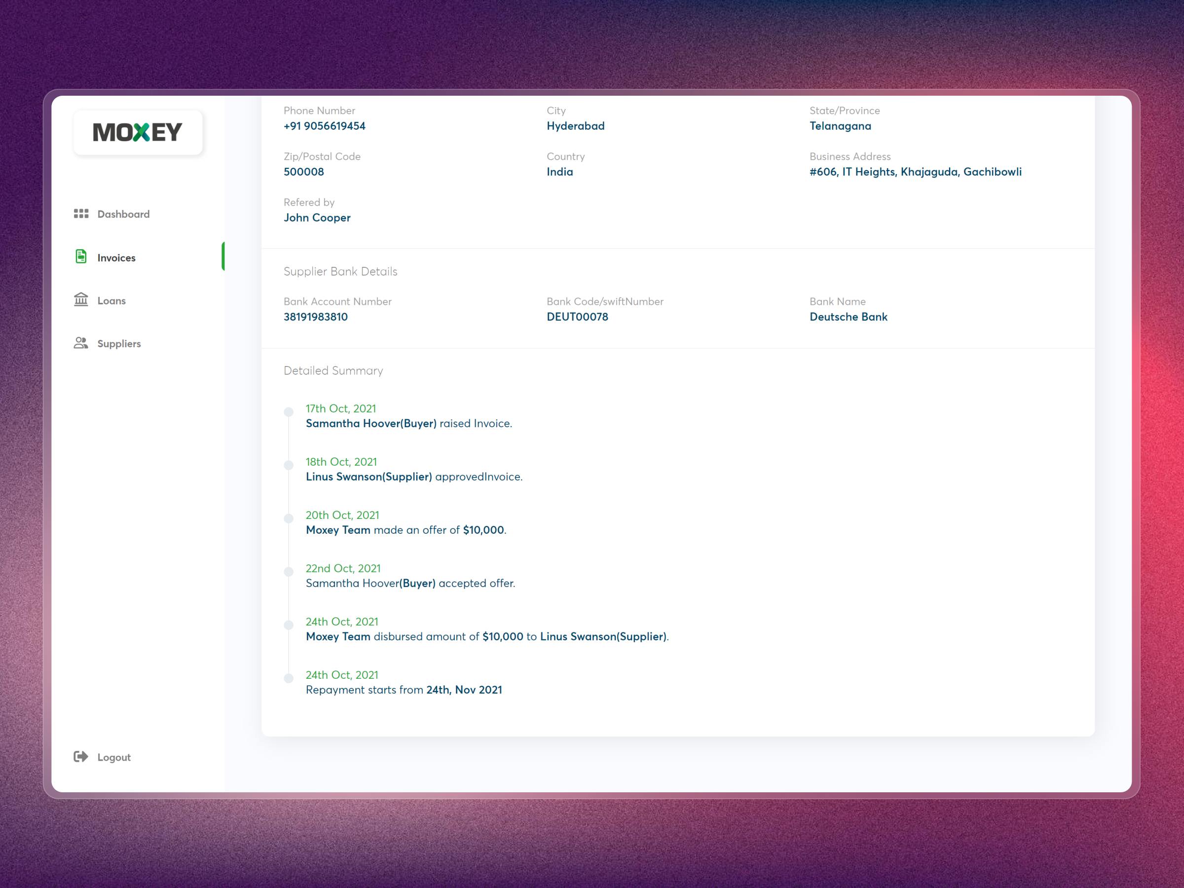 Moxey Invoice Discounting Platform | Craftnotion