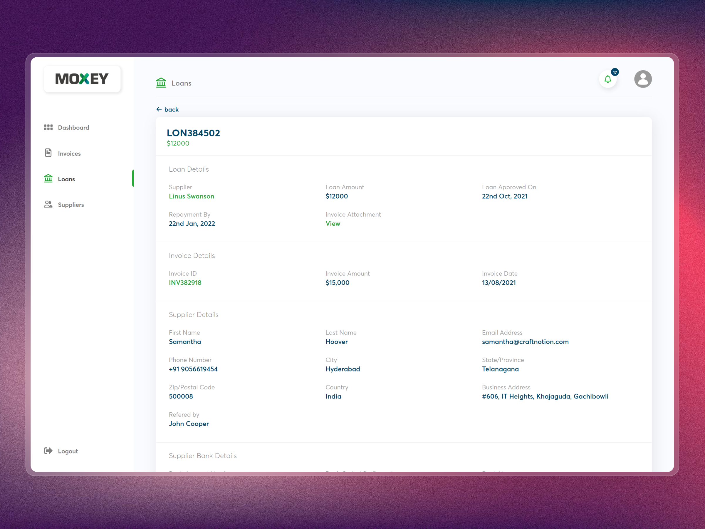 Moxey Invoice Discounting Platform | Craftnotion