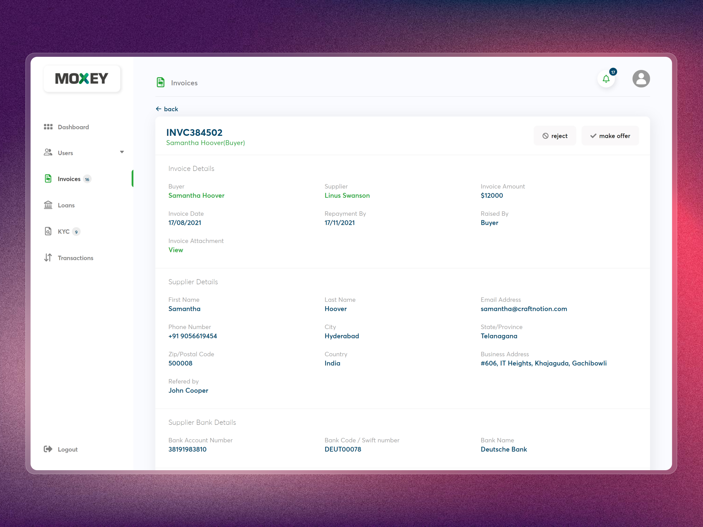 Moxey Invoice Discounting Platform | Craftnotion