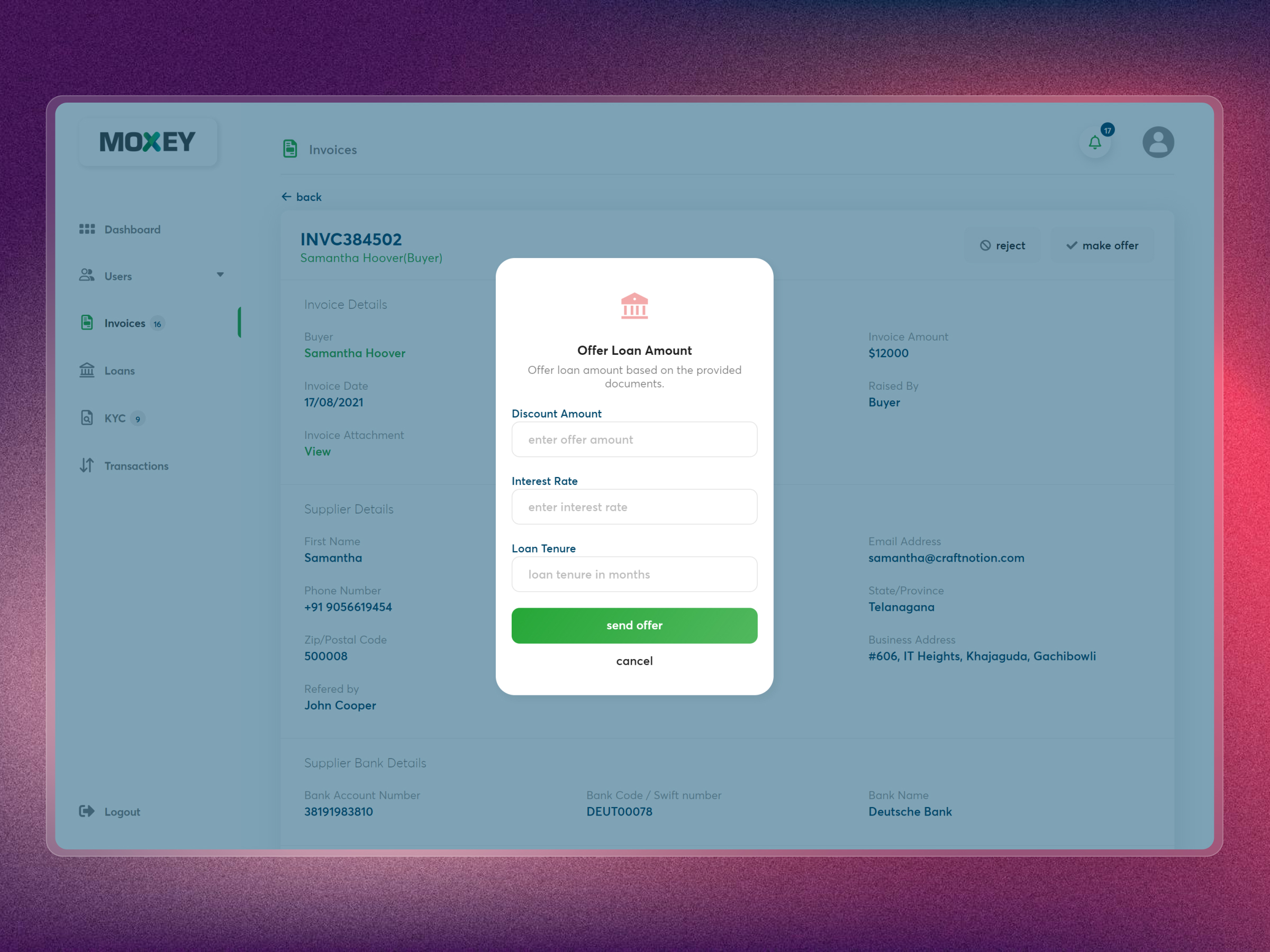 Moxey Invoice Discounting Platform | Craftnotion